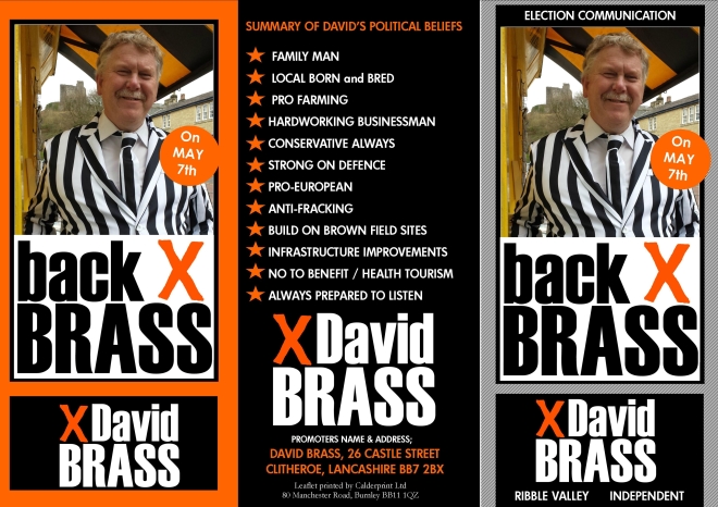 DAVID BRASS FLYER EXTERIOR BACK DAVID BRASS BACK BRASS RIBBLE VALLEY ELECTION INDEPENDENT CANDIDATE 2015 BLACK AND WHITE SUIT BANANA NEWS CLITHEROE BRASSY FOR MP NO MORE NIGEL EVANS
