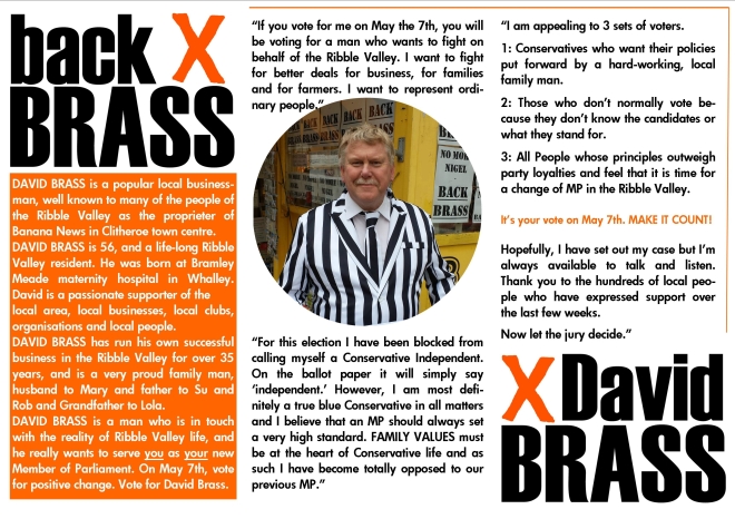 DAVID BRASS FLYER INTERIORBACK DAVID BRASS BACK BRASS RIBBLE VALLEY ELECTION INDEPENDENT CANDIDATE 2015 BLACK AND WHITE SUIT BANANA NEWS CLITHEROE BRASSY FOR MP NO MORE NIGEL EVANS