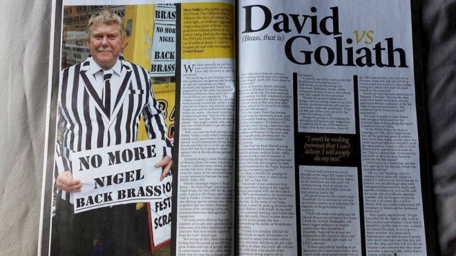 magazine articleBACK DAVID BRASS BACK BRASS RIBBLE VALLEY ELECTION INDEPENDENT CANDIDATE 2015 BLACK AND WHITE SUIT BANANA NEWS CLITHEROE BRASSY FOR MP no more nigel
